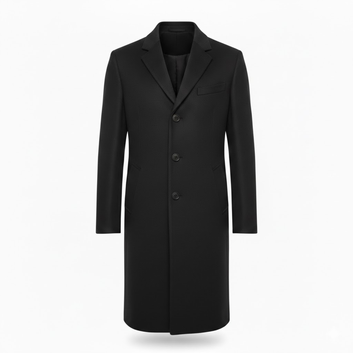 Front view of the black version of the coat, with three buttons, chest pocket and side pockets 4