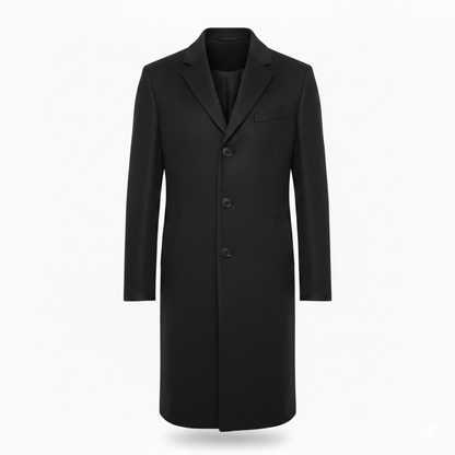 Front view of the black version of the coat, with three buttons, chest pocket and side pockets 4