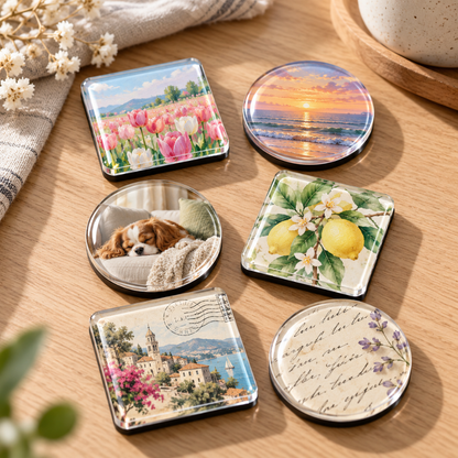 Six round and square photo magnets on a wooden table, showing tulips, a sunset, a sleeping dog, lemons and postcards 4