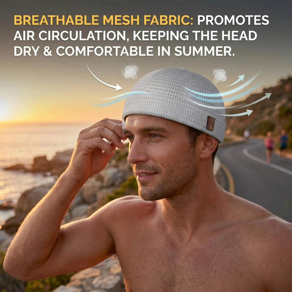 Man on a coastal road at sunset wearing the light grey mesh cap while wiping his brow 6