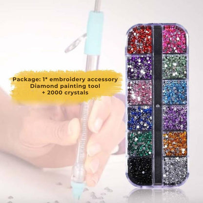 Pen held in a hand beside a case of twelve colours of loose crystals 6