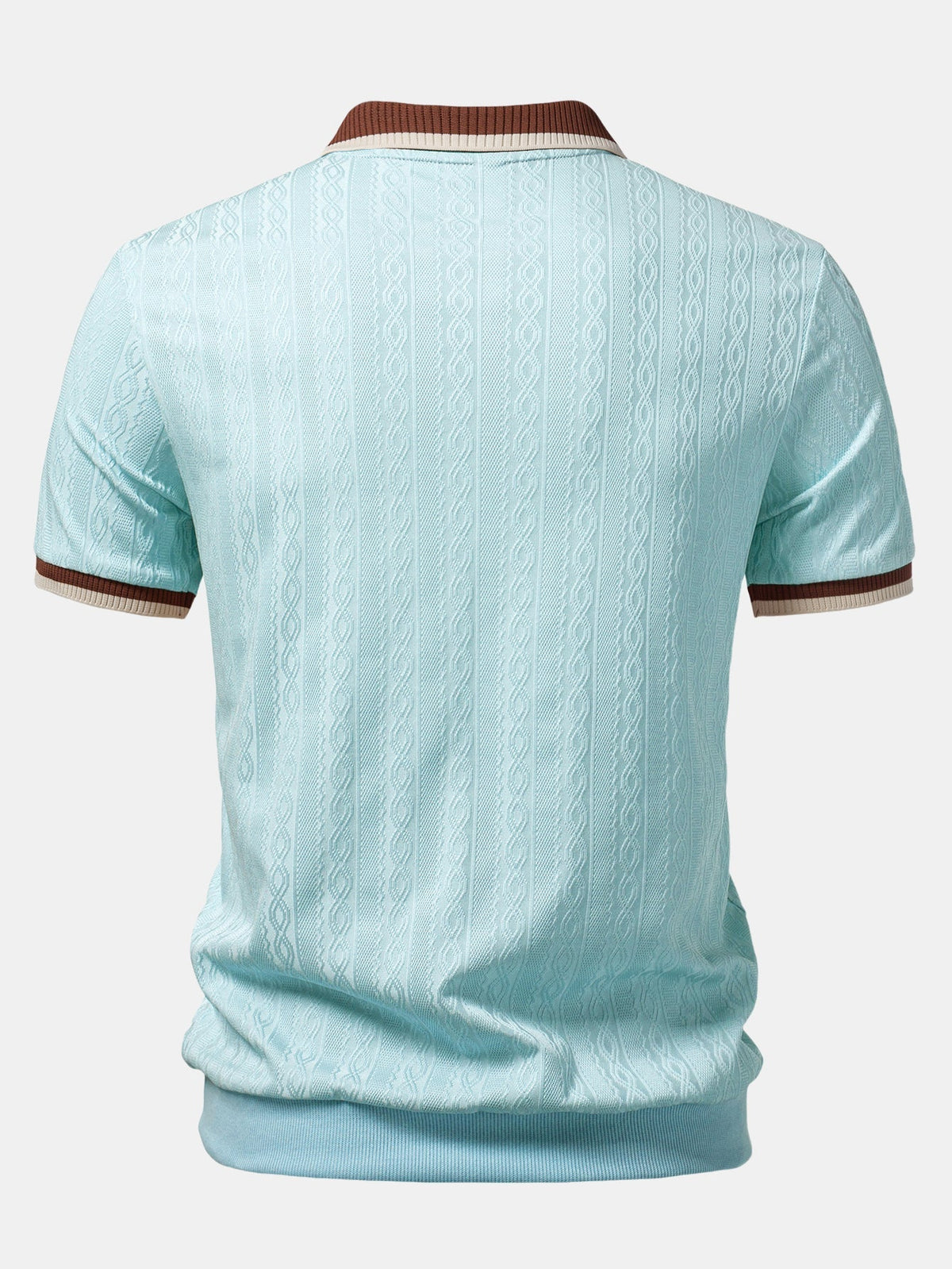 Back view of the pale blue polo showing the textured cable knit, contrast collar edge and ribbed hem. 10