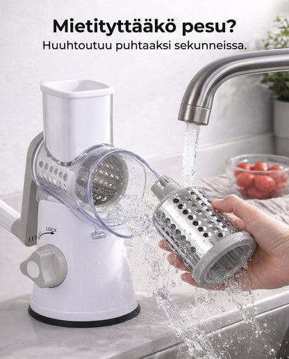 Hand rinsing a steel drum under a running tap beside the white and grey chopper with its clear drum cover open. 7