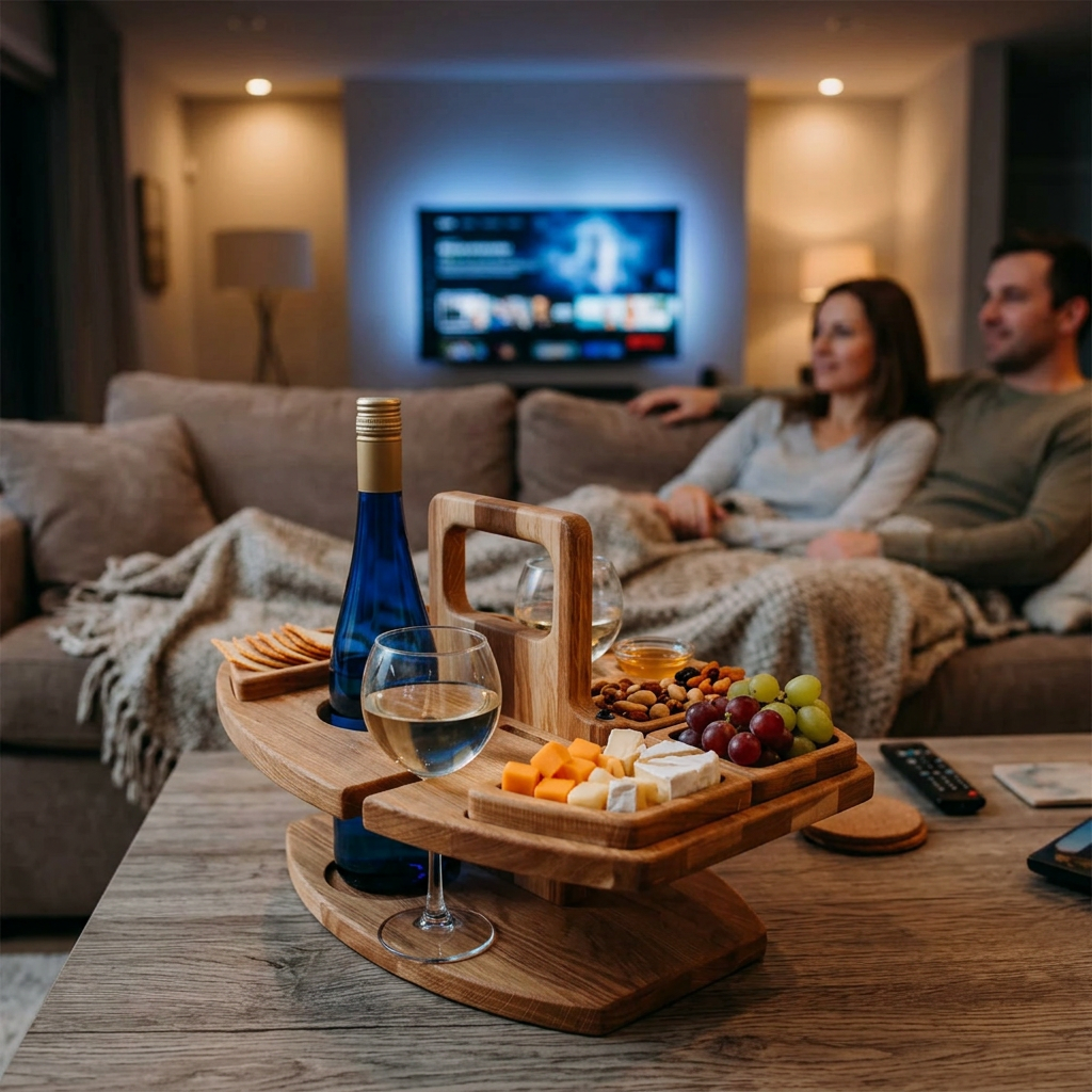 Snack table on a coffee table holding wine, cheese and grapes, with a couple watching television 1
