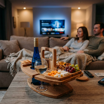 Snack table on a coffee table holding wine, cheese and grapes, with a couple watching television 1