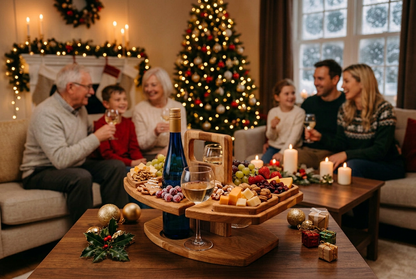 Wooden board holding a blue wine bottle, glass and nibbles on a coffee table, family behind 1