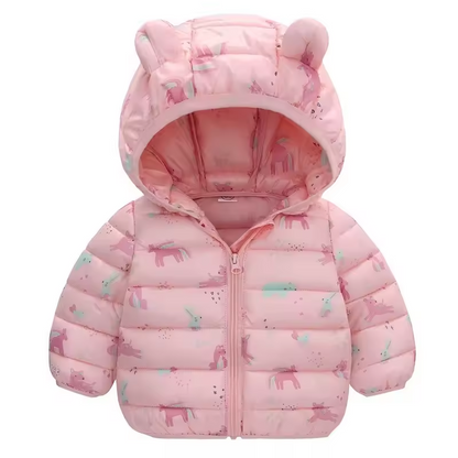 Children's waterproof rain jacket in a down style with cartoon design – Miro
