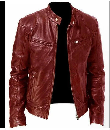 Red leather biker jacket with stand collar, unzipped, displayed without a model 6