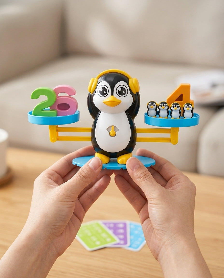 Two hands holding the penguin balance, which has headphones, with numbers 2 and 6 on one pan 7