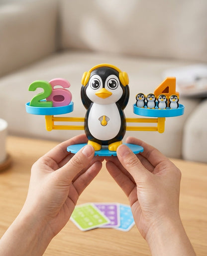 Two hands holding the penguin balance, which has headphones, with numbers 2 and 6 on one pan 7