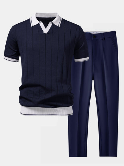 Men's Ribbed Polo & Tapered Pants Smart Casual Set 2