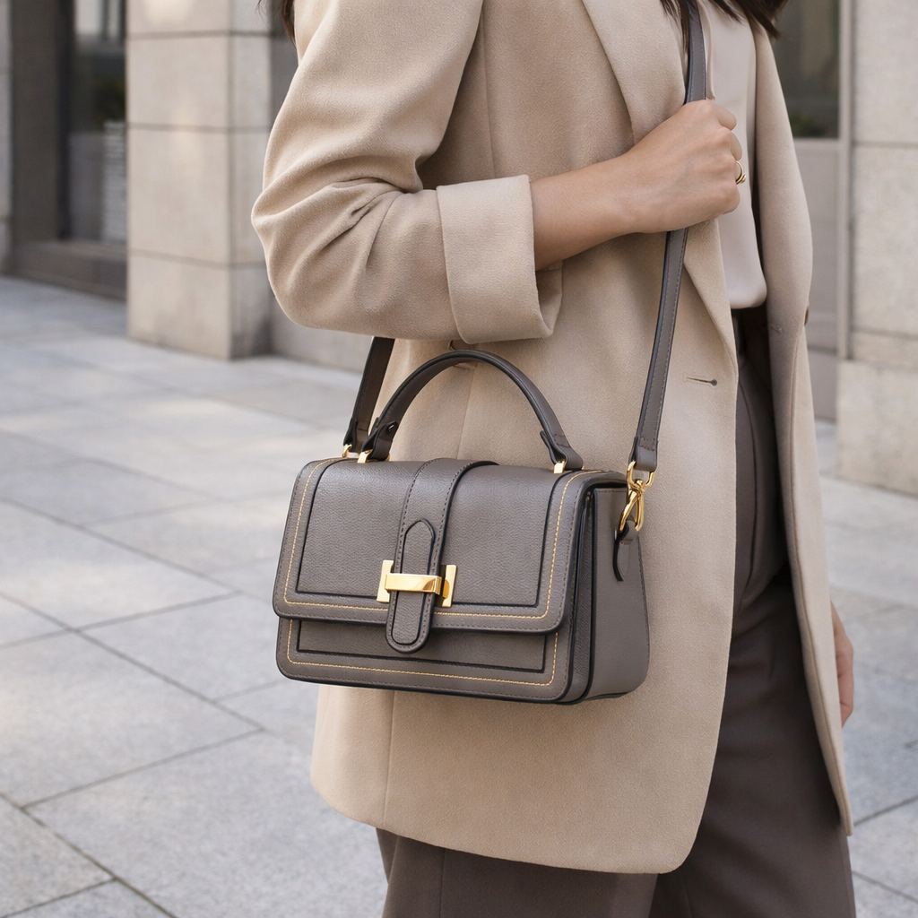 Model in a beige coat wearing the grey bag over one shoulder on its long strap, on a paved street. 4