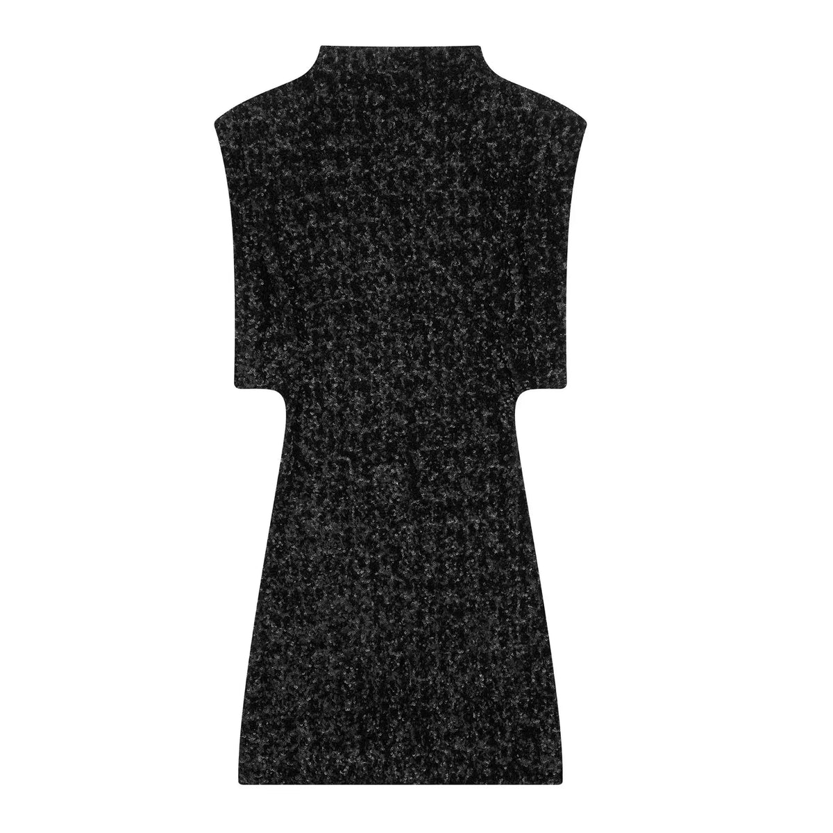 Black sequinned mini dress laid flat, front view, showing the high neck and structured shoulders 6