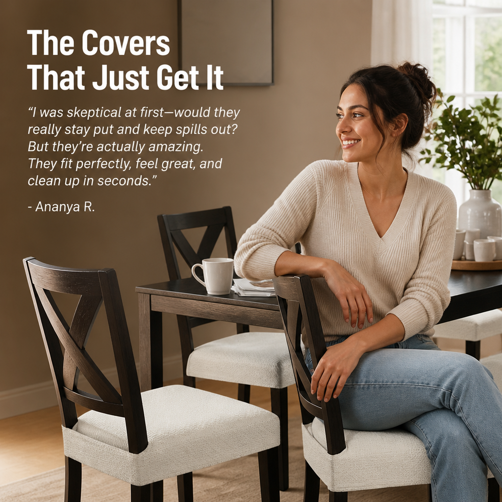 Smiling woman in a cream jumper sitting on a dark cross-back chair, with cream seat covers on the chairs around her. 6