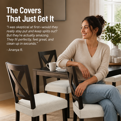 Smiling woman in a cream jumper sitting on a dark cross-back chair, with cream seat covers on the chairs around her. 6
