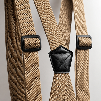 Close-up of beige suspenders showing the woven elastic texture, black slide adjusters and stitched black faux-leather centre patch. 6