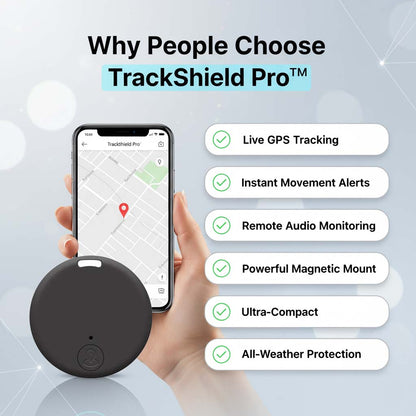 Hand holding a smartphone with a street map and red pin beside a round black tracker, next to a checklist of six features. 2