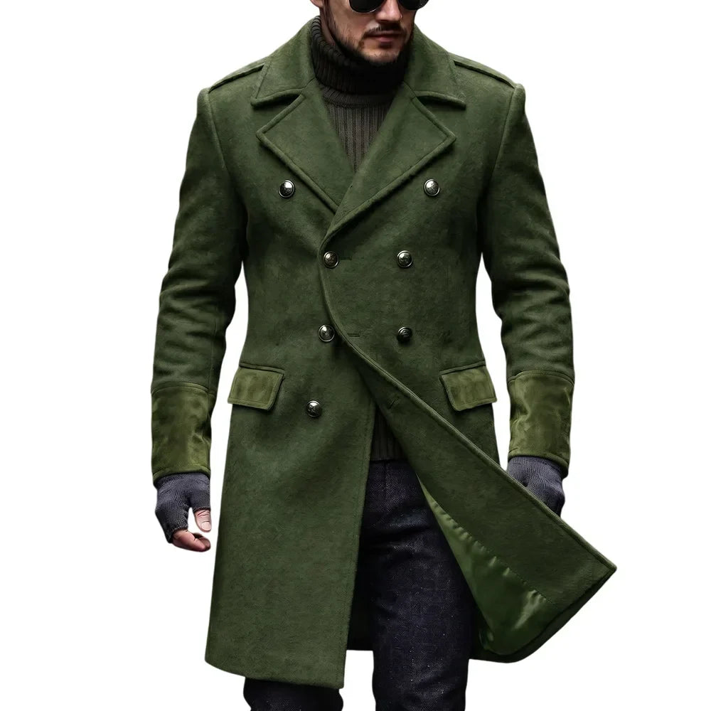 Olive green overcoat worn by a model in sunglasses, with metal buttons, epaulettes and the front swung open 6