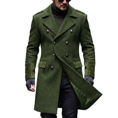 Olive green overcoat worn by a model in sunglasses, with metal buttons, epaulettes and the front swung open 6
