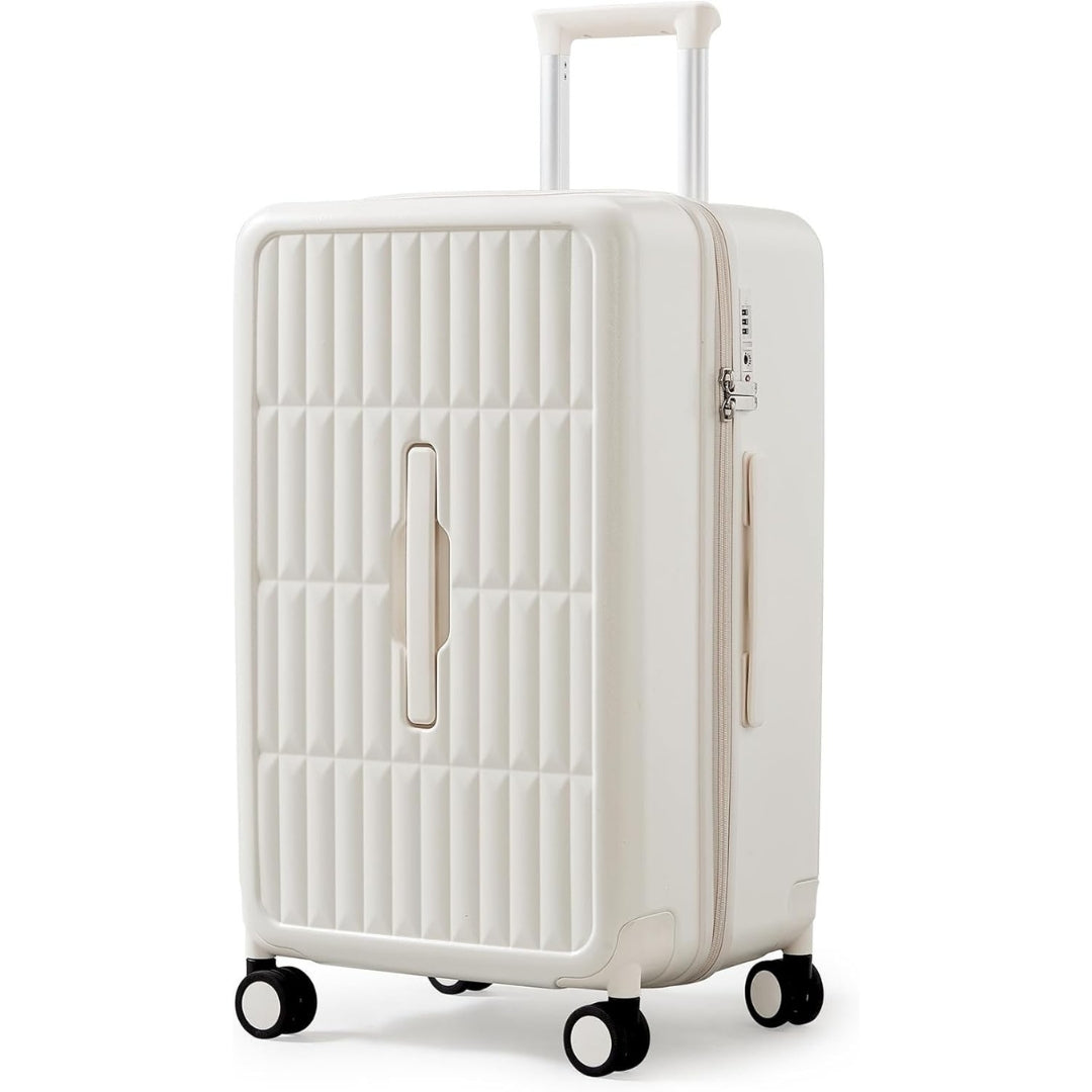Airport-approved 55 cm hand luggage with a 30:70 split and a three-part polycarbonate hard shell.