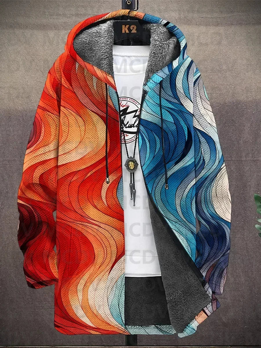 Jacket on a hanger split between flowing red-orange waves on one side and blue waves on the other 6