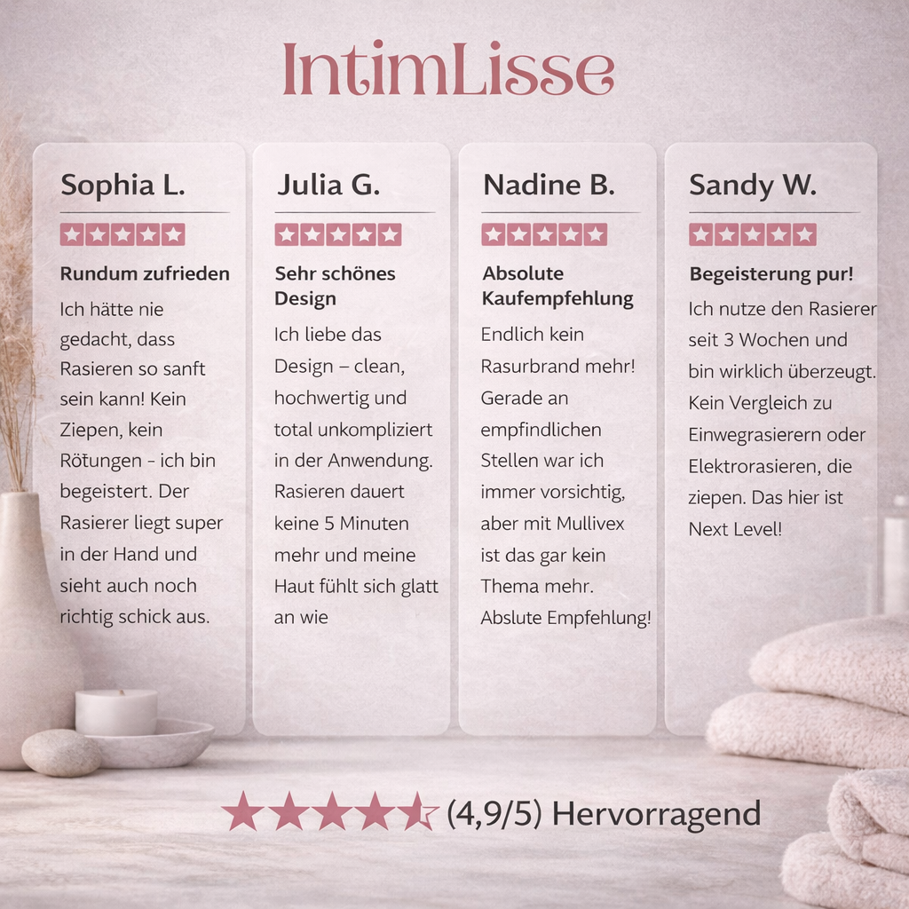 Four five-star customer review cards on a soft pink spa-style background with towels, a candle and dried grasses, plus an overall rating. 4