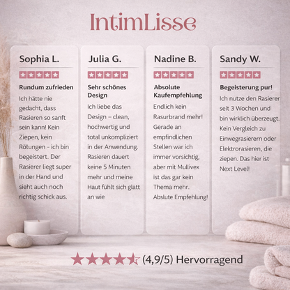 Four five-star customer review cards on a soft pink spa-style background with towels, a candle and dried grasses, plus an overall rating. 4