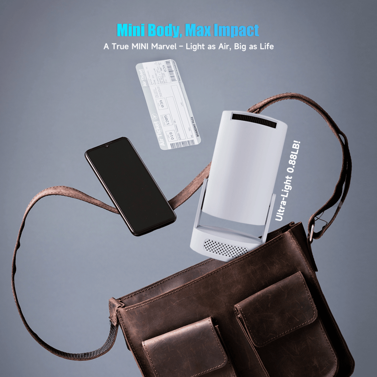 Projector standing upright above an open brown leather bag, with a phone and boarding pass floating nearby 17