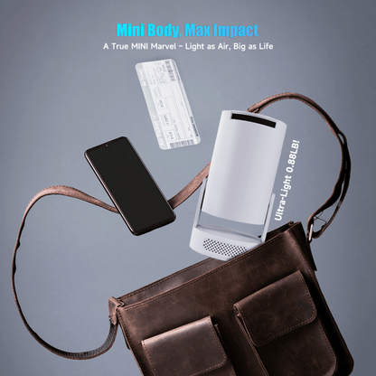 Projector standing upright above an open brown leather bag, with a phone and boarding pass floating nearby 17