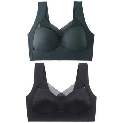 Two seamless bras laid out together on a white background, one in dark slate and one in black, both with mesh neckline panels. 8