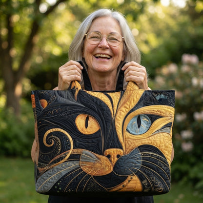 Smiling woman with grey hair holds the quilted cat tote up by its handles in a garden 3