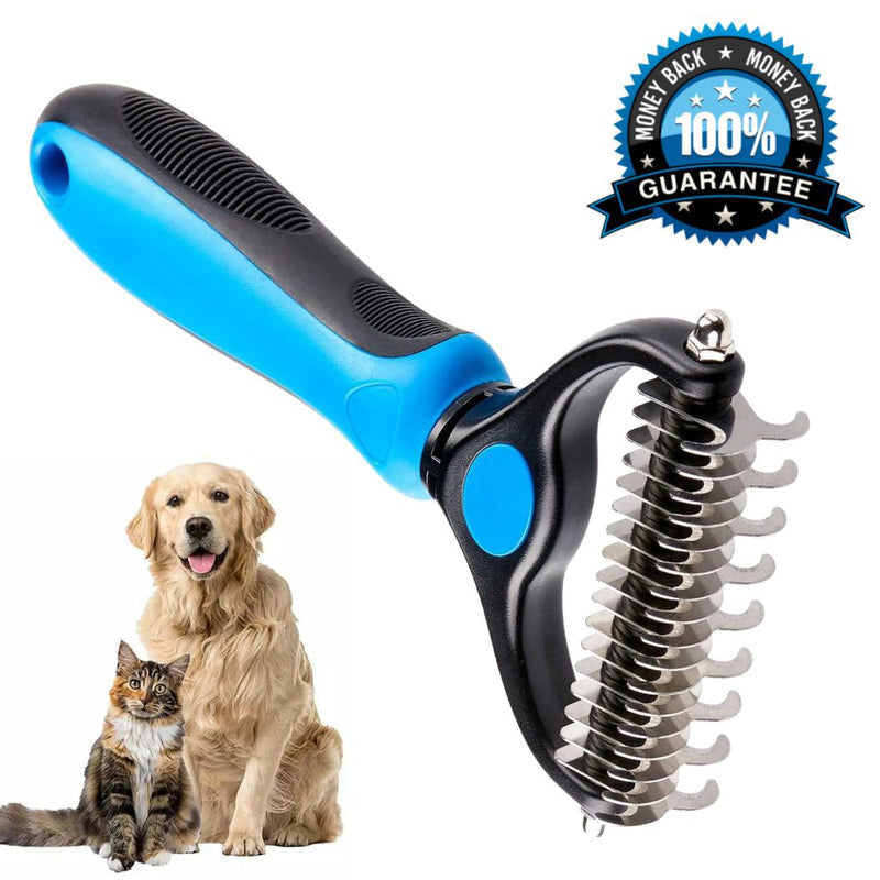 Angled view of the blue and black rake showing the curved teeth and textured handle, with a golden retriever and tabby cat. 4