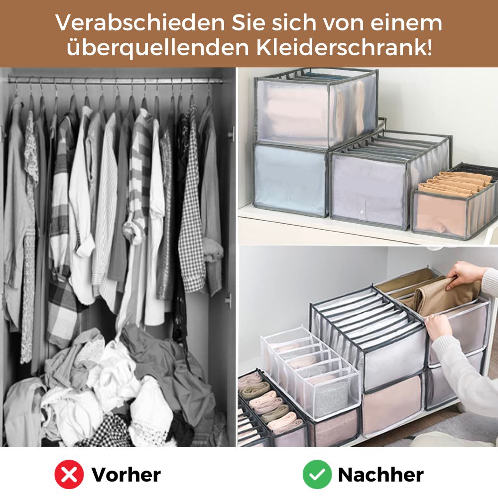 Before-and-after comparison: a messy wardrobe with clothes piled on the floor beside grey mesh organisers neatly holding folded garments on a shelf. 3