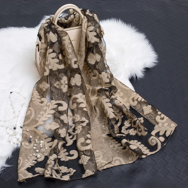 Autumnal ladies' silk scarf with floral pattern and cut-out design – Fiora (Buy one, get one free)
