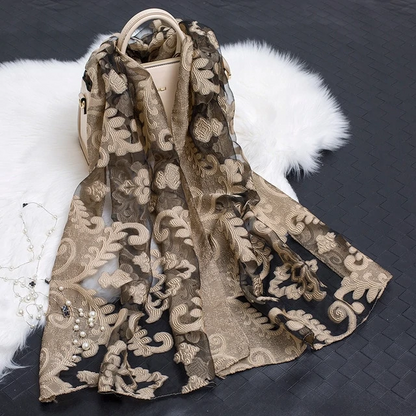 Autumnal ladies' silk scarf with floral pattern and cut-out design – Fiora (Buy one, get one free)