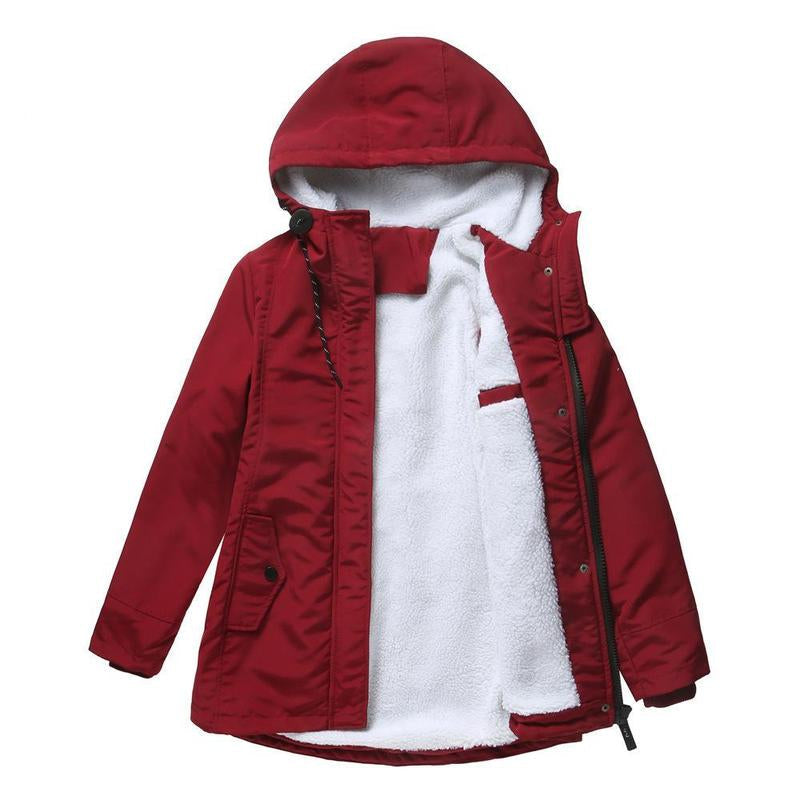 Red parka laid flat and open, showing the thick white fleece lining inside the body and hood 3