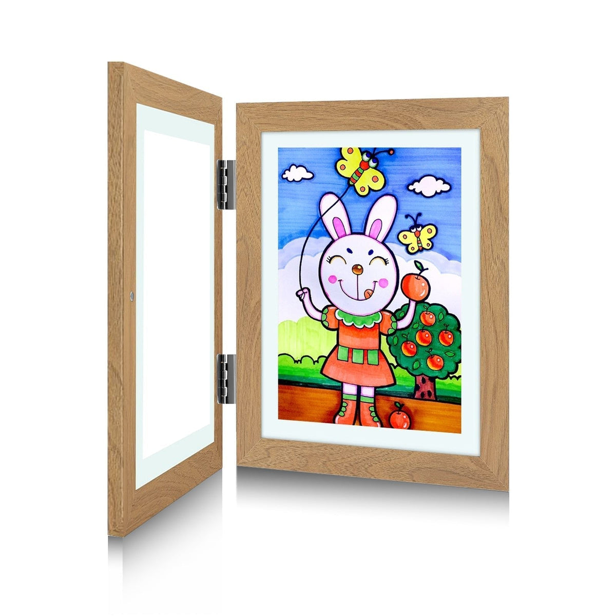 Oak-effect frame opened flat on its hinges, with a child's painting of a rabbit and butterflies displayed on the right. 3
