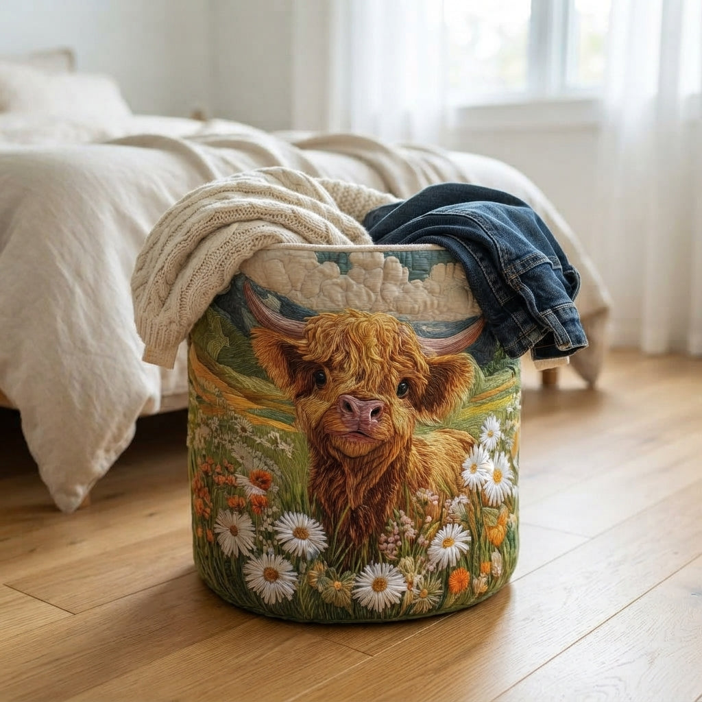 Basket standing on a wooden floor beside a bed, holding a cream knitted blanket and a pair of jeans spilling over the rim. 5