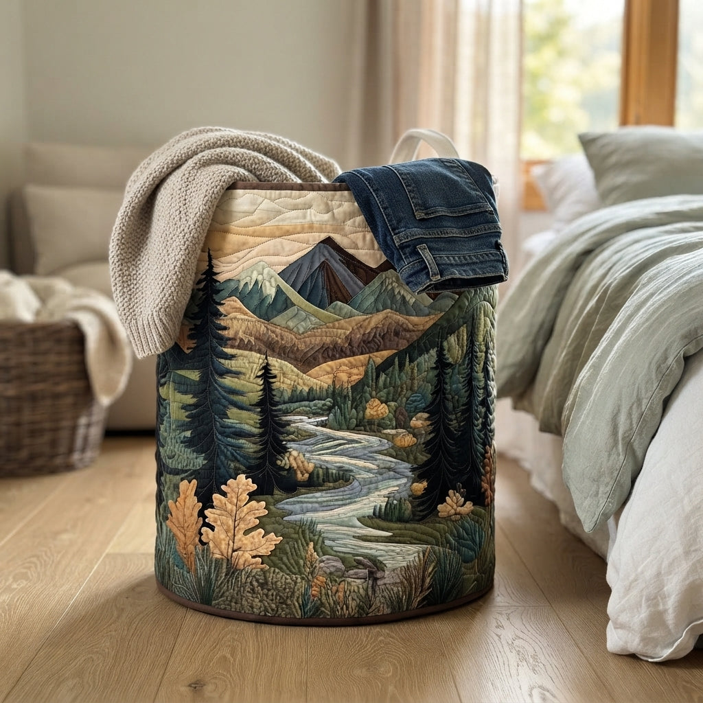 Basket standing beside a bed on a wooden floor, with a beige knitted throw and a pair of denim jeans draped over its rim. 4
