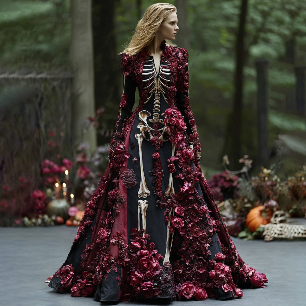 Model in the black skeleton-print maxi dress decorated with deep red roses on the sleeves and skirt, with pumpkins and candles behind. 5