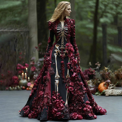 Model in the black skeleton-print maxi dress decorated with deep red roses on the sleeves and skirt, with pumpkins and candles behind. 5
