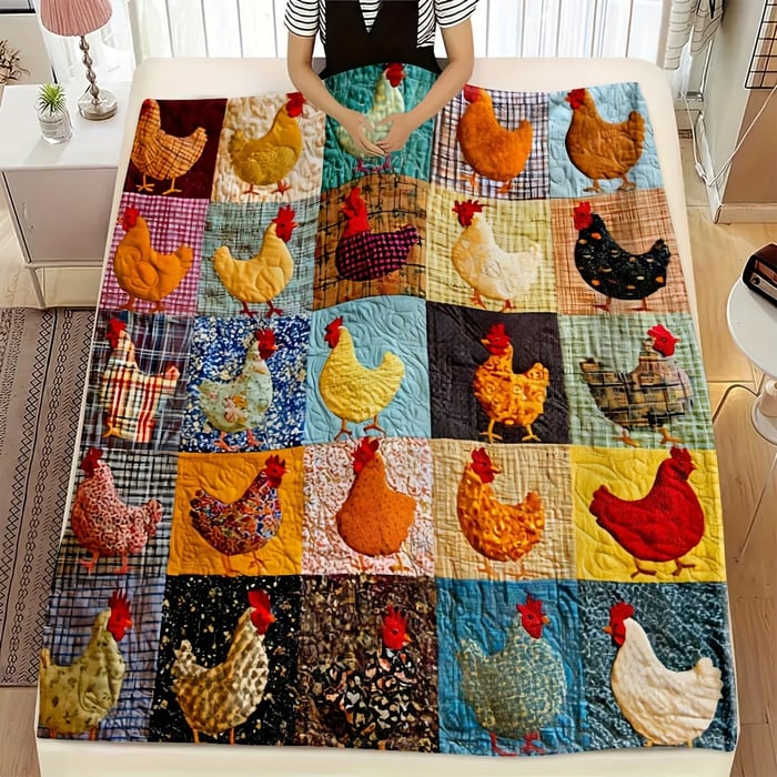 Colourful patchwork-style chicken blanket spread over a bed while a person smooths it flat 1