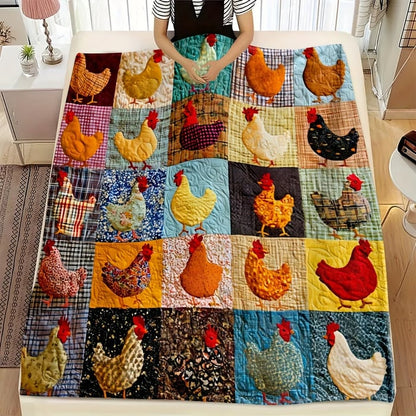 Colourful patchwork-style chicken blanket spread over a bed while a person smooths it flat 1