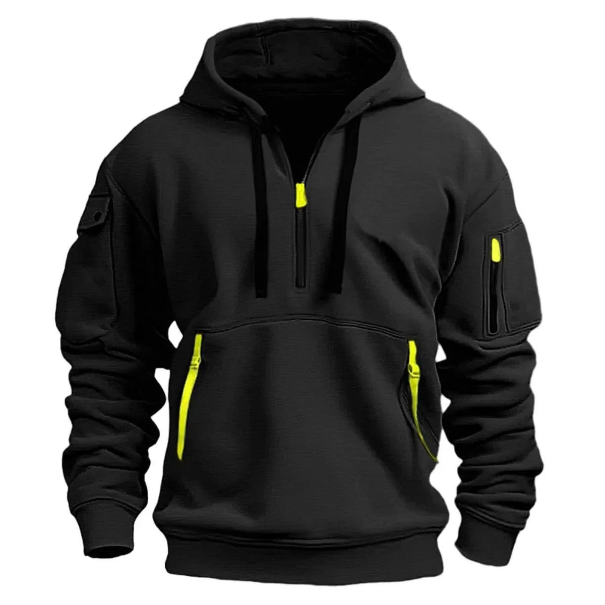 Black version of the half-zip hoodie shown from the front, with bright yellow-green zip pulls and pocket tabs. 2