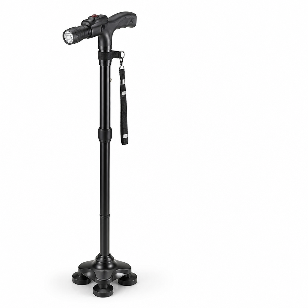 Black cane from a different angle, showing the curved handle beside the torch, wrist strap and four-footed base. 6