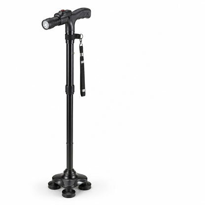 Black cane from a different angle, showing the curved handle beside the torch, wrist strap and four-footed base. 6