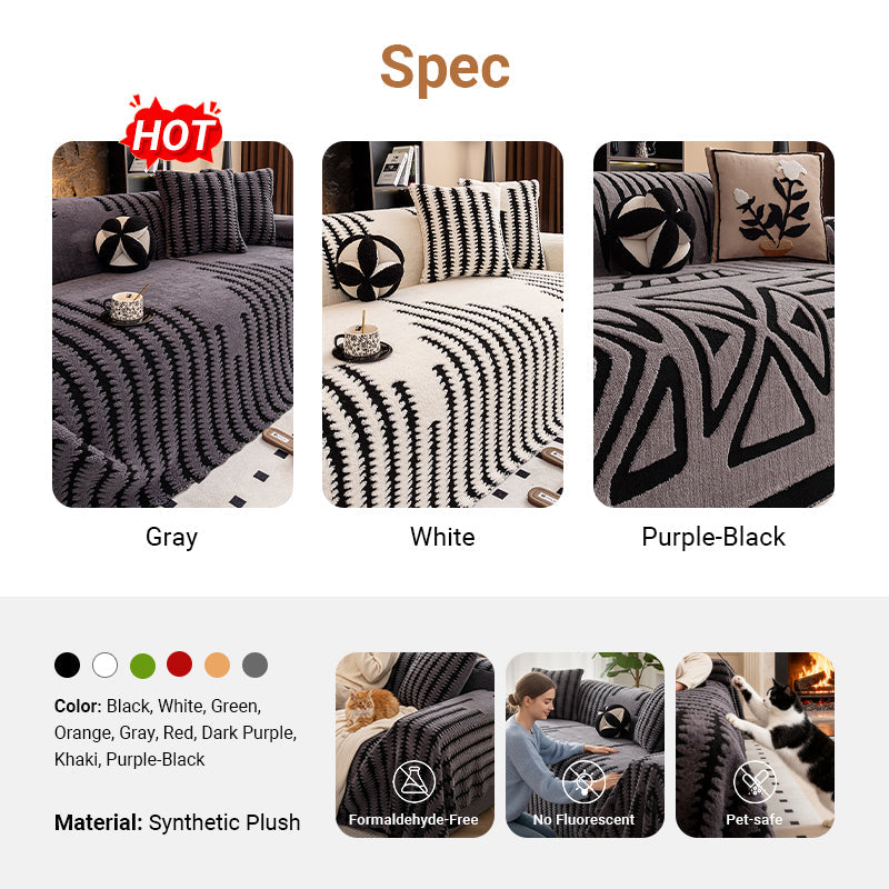 Colour options in grey, white and a purple-black geometric pattern, plus small photos of the cover in use 8