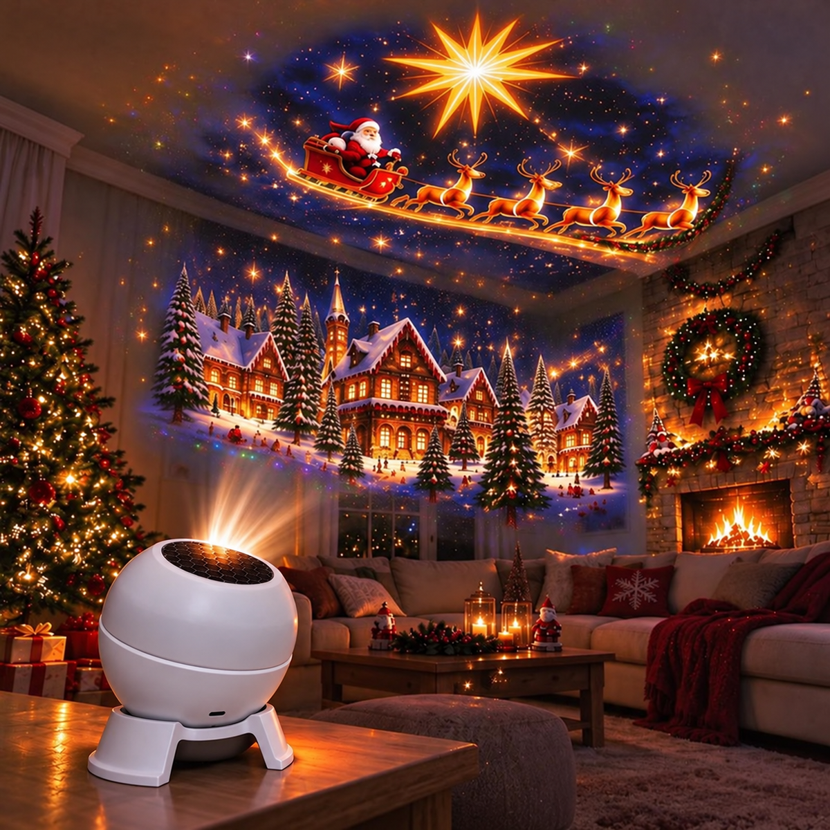 Projector angled on a coffee table casts Santa's sleigh, a bright star and a snowy village across the ceiling and wall. 5
