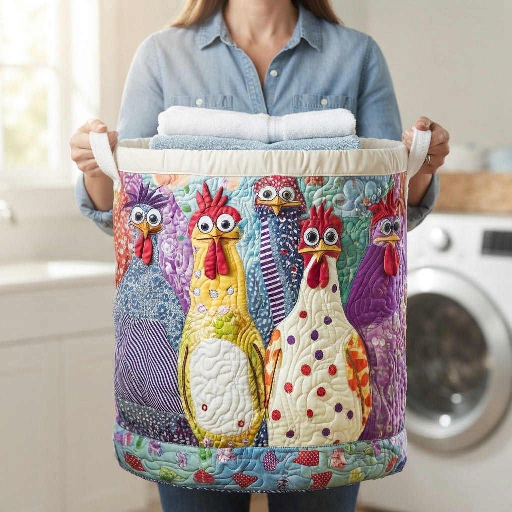 Woman in a denim shirt holding the basket by its white handles, towels piled on top, showing its full size. 4