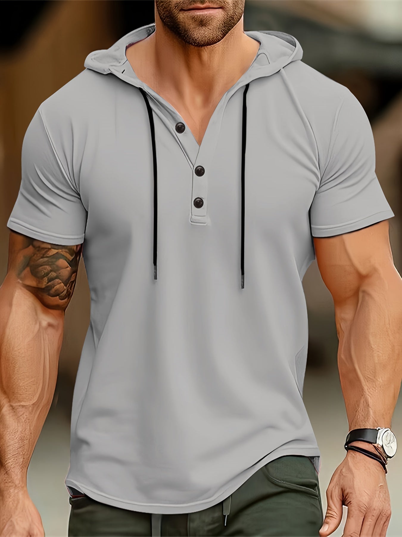 Men's hooded T-shirt with button fastening – Mason